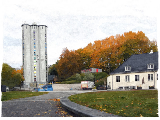«Oljemaleri» av «Studentsiloen» og Nedre Foss gård på Grünerløkka i Oslo.