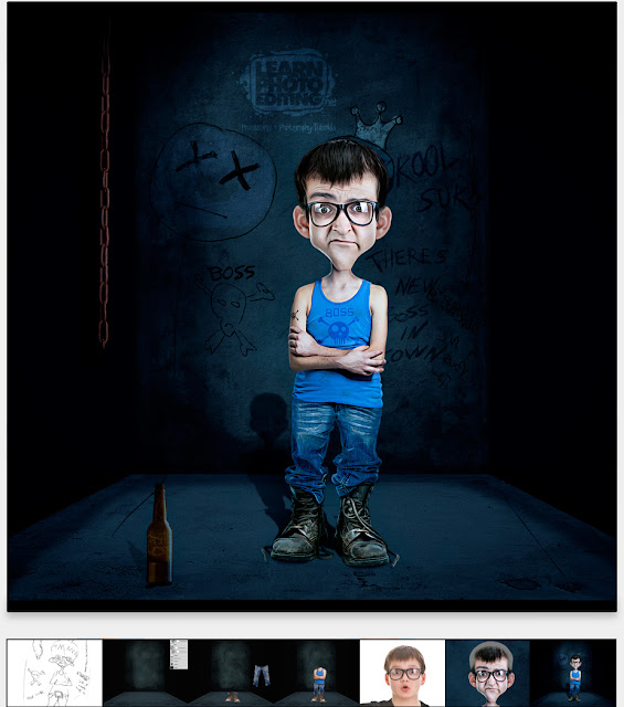 There is a person that was photo manipulated into looking like a caricature. There are vivid darker colors like blue, with graphics drawn on the wall behind him. The man has glasses and looks more animated than realistic. The photo looks like a very professional design.