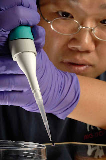 Visiting Scholar Nan-Rong Chiou places a drop of water on a plastic surface covered with microscopic fibers. Photo by Jo McCulty, courtesy of Ohio State University.