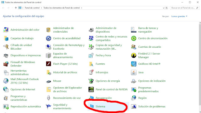 Panel de Control, opción Sistema