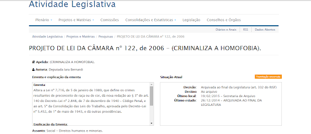 PLC 122  PROJETO DE LEI DA CÂMARA nº 122, de 2006 - (CRIMINALIZA A HOMOFOBIA).