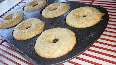 Ingredients:  Donuts 2 cup flour 3/4 cup sugar 1 tsp. baking powder 1 tsp. baking soda 1 tsp. salt 1/2 tsp. nutmeg 1 egg 3/4 cup eggnog 1/4 cup applesauce