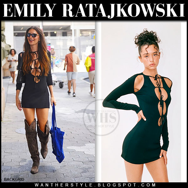 Emily Ratajkowski in black cutout mini dress and suede cowboy boots