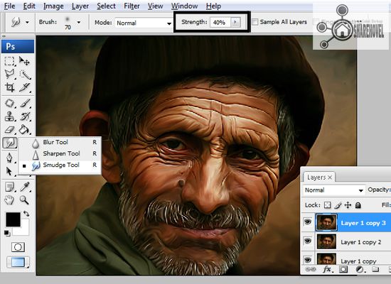 gunakan smudge tool dengan strenght 40 persen - tutorial cara membuat efek smudge painting di photoshop