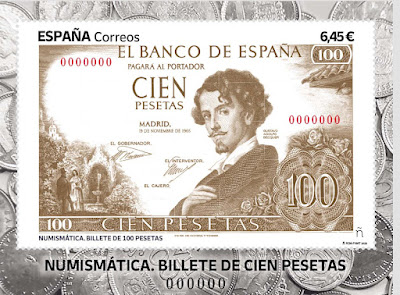 Filatelia - Numismática. Billete de 100 pesetas - Hoja bloque