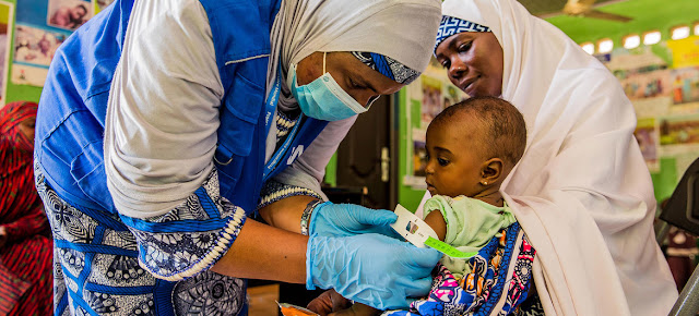 Un bebé de siete meses recibe tratamienot para la desnutrición en un centro de salud del estado de Yobe, en Nigeria.© PMA/Arete/Damilola Onafuwa