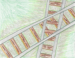 Hand-drawn drawing. Train tracks intersecting at an angle. Grass is in the background.