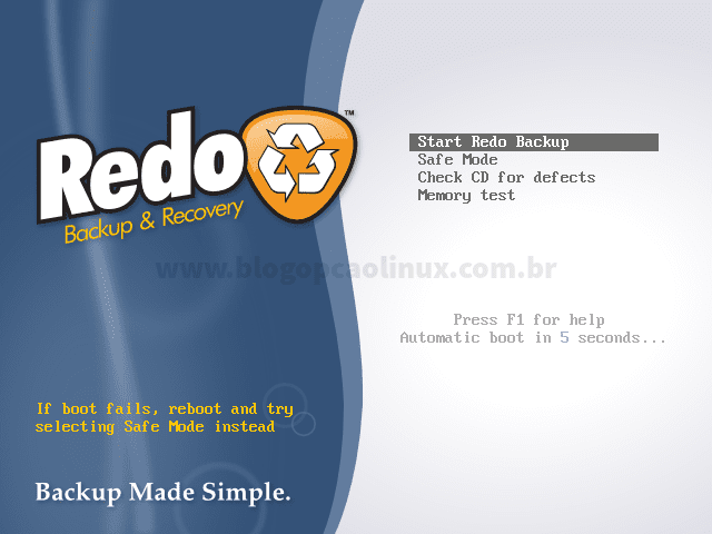 Tela de boot do Redo Backup and Recovery