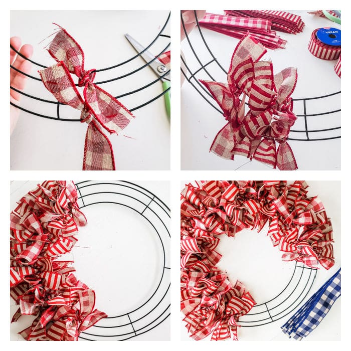 tie ribbon onto wreath form with double knot