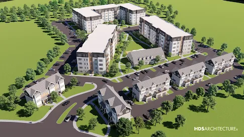 Rendering with aerial view of The Devon at Weiss Farm