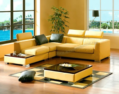 Contemporary Furniture Yellow Leather Sectional Sofa with a Mahogany Tray and a Coffee Table