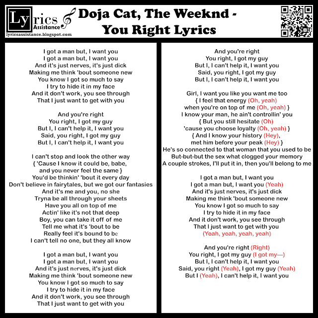 Doja Cat, The Weeknd - You Right Lyrics | lyricsassistance.blogspot.com