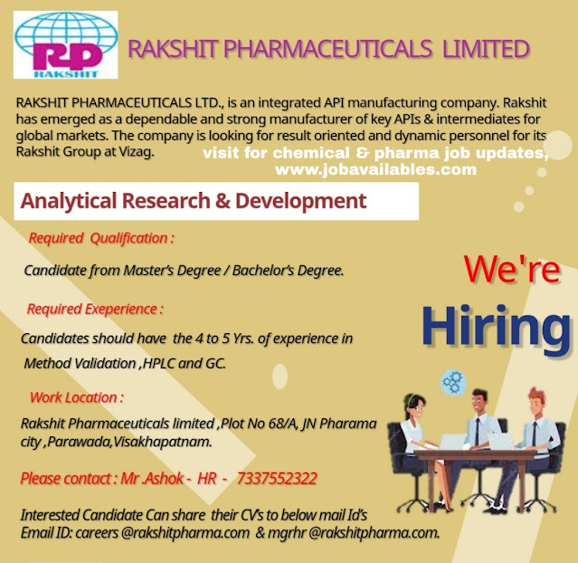 Job Availables, Rakshit Pharmaceuticals Ltd Job Opening for Analytical R&D Department