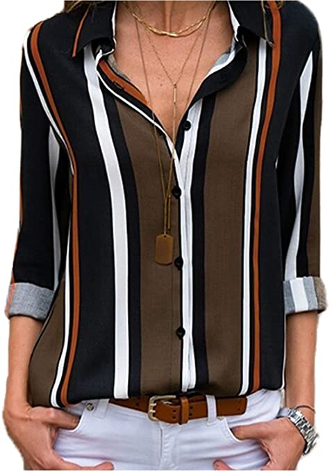 Astylish Women V Neck Striped Roll up Sleeve Button Down Blouses Tops