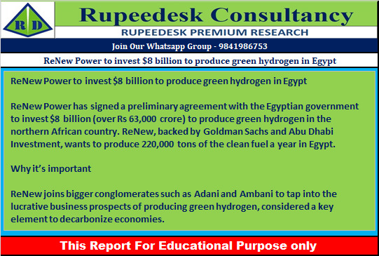 ReNew Power to invest $8 billion to produce green hydrogen in Egypt - Rupeedesk Reports - 29.07.2022