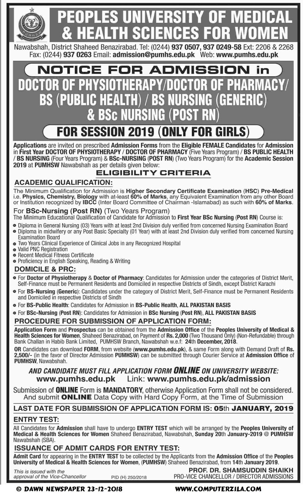 Admissions Open For Spring 2019 At PUMHS Nawabshah Campus