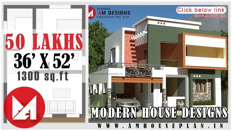 36 x 52 size Modern elevation designs for double floor Indian houses