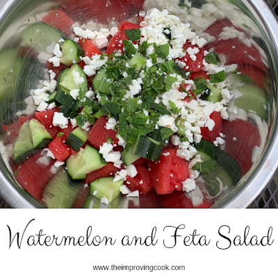 Watermelon and Feta Salad ingredients in a siver bowl