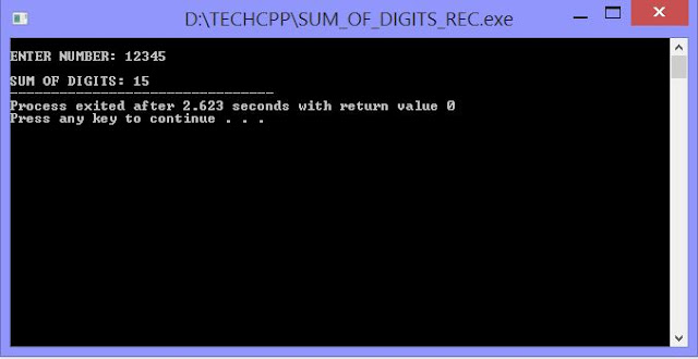 C++ Program to obtain sum of digits of a given number using recursion with output