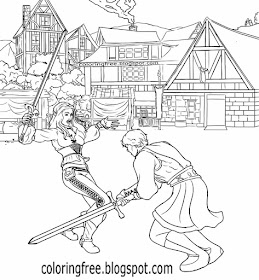Clipart sword fight cartoon Dark Ages war coloring book page medieval village drawing for older kids