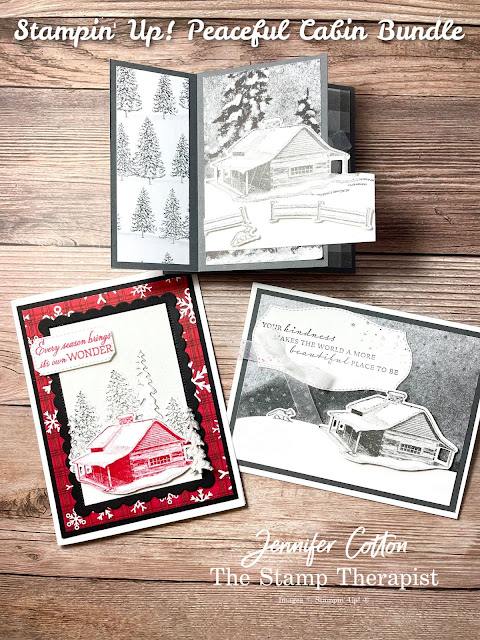 Stampin' Up! Tower Card with Peaceful Cabin Bundle.  To make these three cards, I also used the Snowy White Velvet Sheets, White Glittered Organdy Ribbon, and Peaceful Place Designer Series Paper (DSP).  Video link, measurements, and supply list on blog.  #StampinUp #StampTherapist #PeacefulCabin