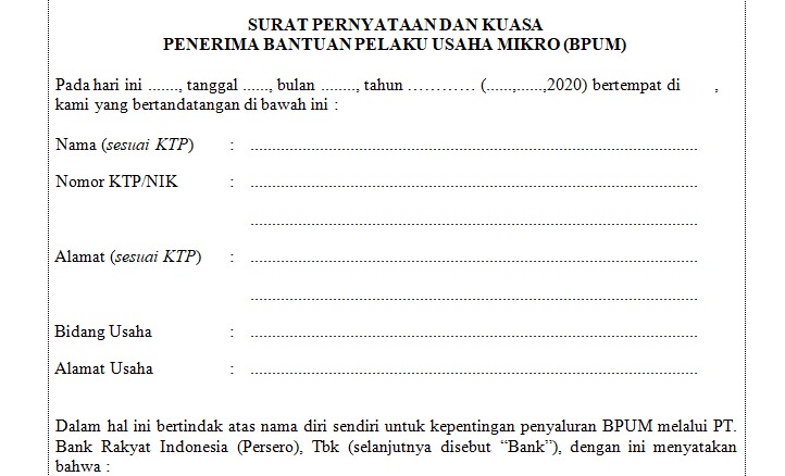 Contoh Surat Pernyataan Dan Kuasa Bpum Untuk Pencairan Blt Umkm 2 4 Juta Contoh Surat