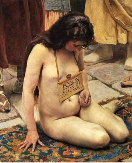 Ελληνοπούλα σκλάβα προς πώληση σε αγορά της Ανατολής, εντελώς γυμνή, πάνω σε ένα χαλί.