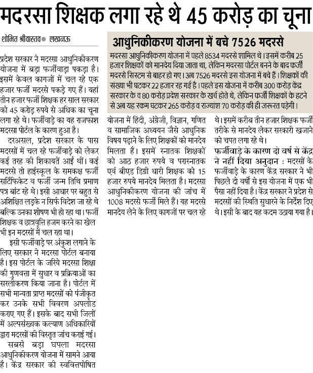 मदरसा शिक्षक लगा रहे थे 45 करोड़ का चूना, फर्जीवाड़े के कारण दो वर्ष से केंद्र ने नहीं दिया अनुदान: आधुनिकीकरण योजना में बचे 7526 मदरसे