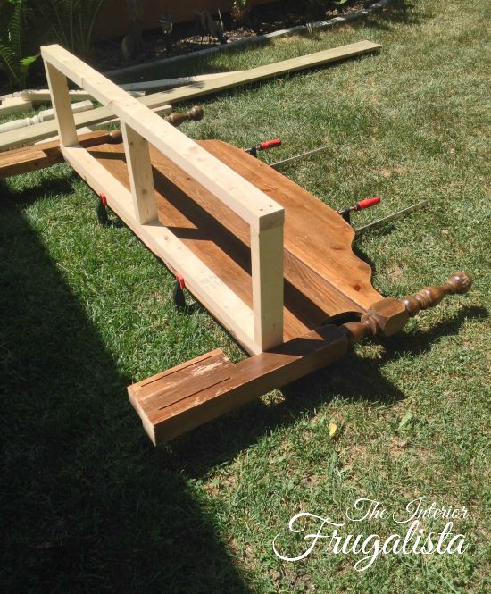 How to repurpose a thrift store double headboard and footboard set into a lovely outdoor bench for two with handmade "growing old together" graphic.