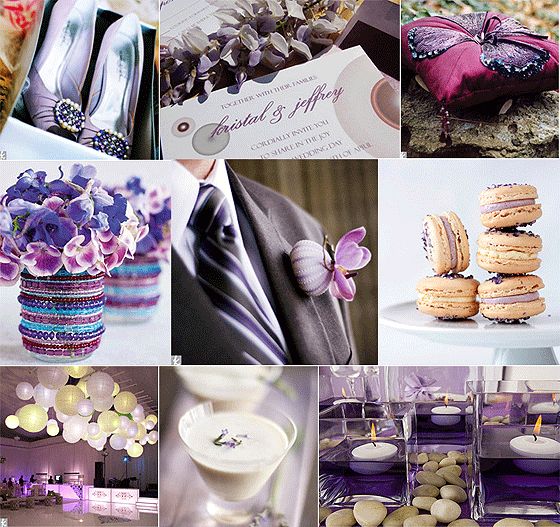 A purple lavender and white wedding inspiration board