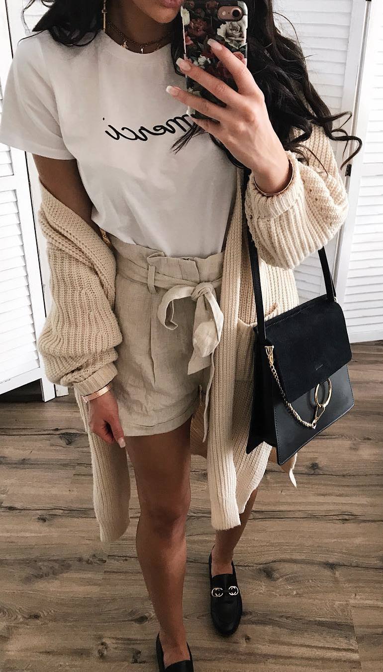 trendy outfit / knit cardigan + bag + nude shorts + tee + loafers