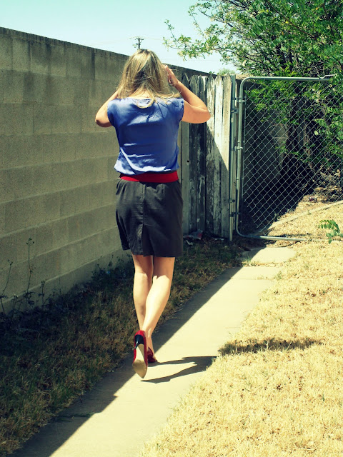 short skirt and red heels