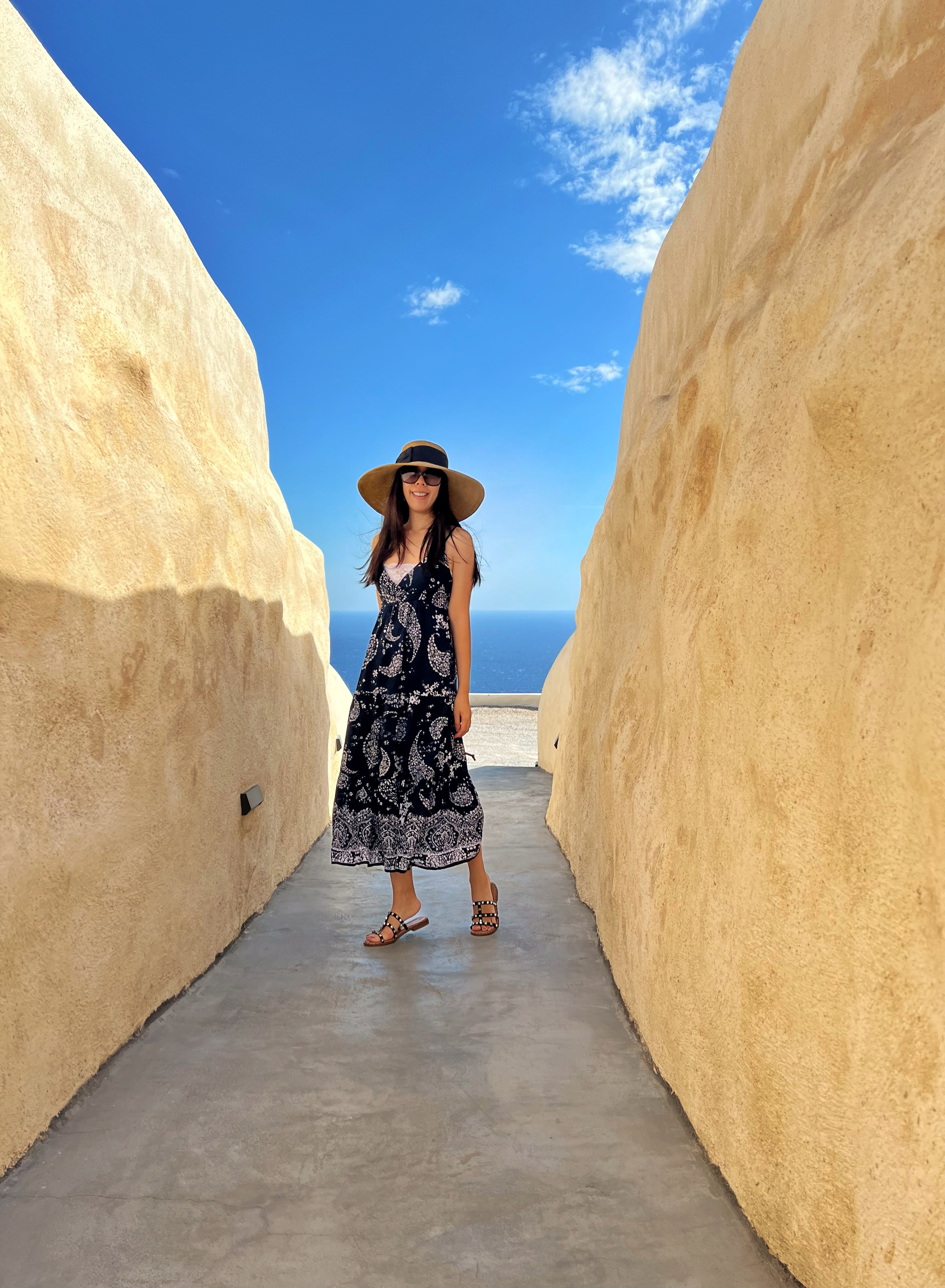 Santorini Blue Midi Dress with Floppy Hat_Imerovigli Santorini_Mardanza Exclusive Deluxe Private Villa with Pool and Sea View