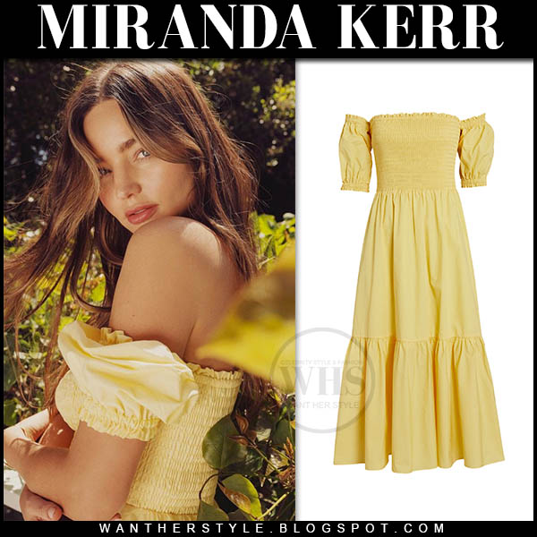 Miranda Kerr in yellow off shoulder dress
