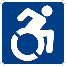 new access icon with figure leaning forward, actively engaging life in a wheelchair