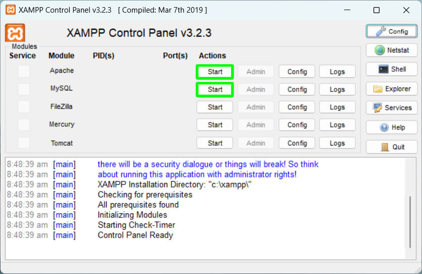 start apache and mysql in xampp control panel