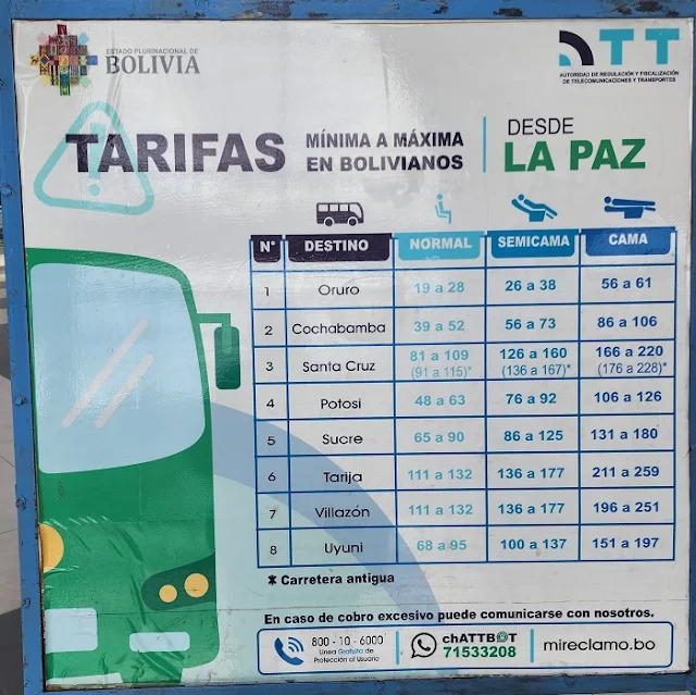 Tarifas del transporte interdepartamenta de La Paz hacia otras ciudades de Bolivia 2024