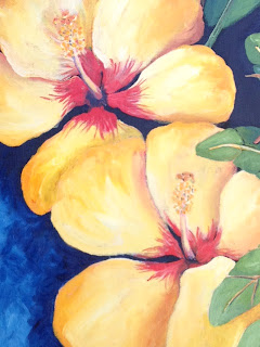 Hibiscus detail of Birds and Biscus painting by Pamela Hunt Lee