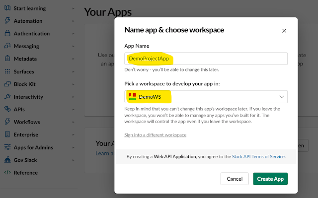 Provide name for App and select workspace