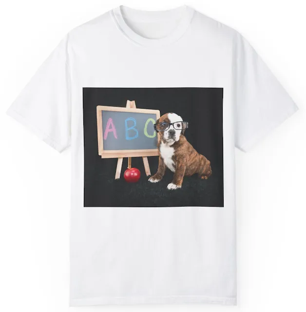 Unisex Garment Dyed Comfort Colors T-Shirt With Funny Bulldog Puppy Wearing Glasses Sitting Next to Chalkboard Ready to Go to School