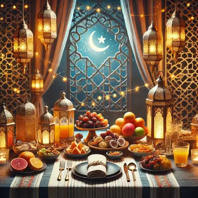 Meja berbuka puasa dengan hidangan buah-buahan, kurma, dan makanan tradisional. Lampu tanglung Arab menghiasi ruang, dengan jendela ukiran Islamik dan bulan sabit bersinar di langit malam