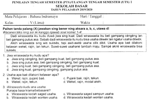 Kumpulan Soal Penilaian Tengah Semester (PTS) Ganjil Bahasa Indramayu Kelas 5 SD Terbaru Tahun 2019/2020 Gratis