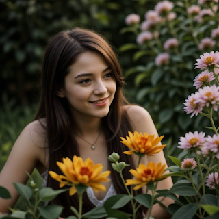 girl smiling and comparing her beauty with a pretty flower