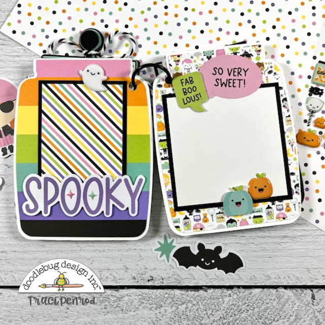 Halloween Scrapbook Mini Album Page with rainbow colors, a ghost, and pumpkins