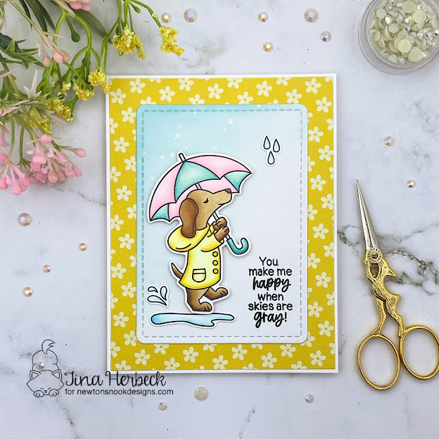 Happy When Skies are Gray Card by Tina Herbeck | Rainy Day Doxie Stamp Set, Spring Blooms Paper Pad and Frames & Flags Die Set by Newton's Nook Designs #newtonsnook #handmade