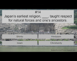 Japan’s earliest religion, ___, taught respect for natural forces and one’s ancestors. Answer choices include: Shinto, Hinduism, Islam, Christianity