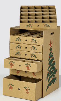 ornament box with 7 cardboard drawers with pictures of bells