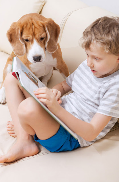 Reading to dogs can improve literacy in children, according to this research. Photo shows boy reading to his dog