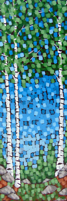 Spring Arrival painting by artist painter aaron kloss duluth mn, pointillism, painting of spring, painting of birch trees in spring, minnesota landscape painting