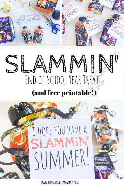 Have a Slammin' Summer! Great end of the school year treat idea with free printable. Coordinates well with Slammers Organic pouch snacks. Great treat idea for older kids!